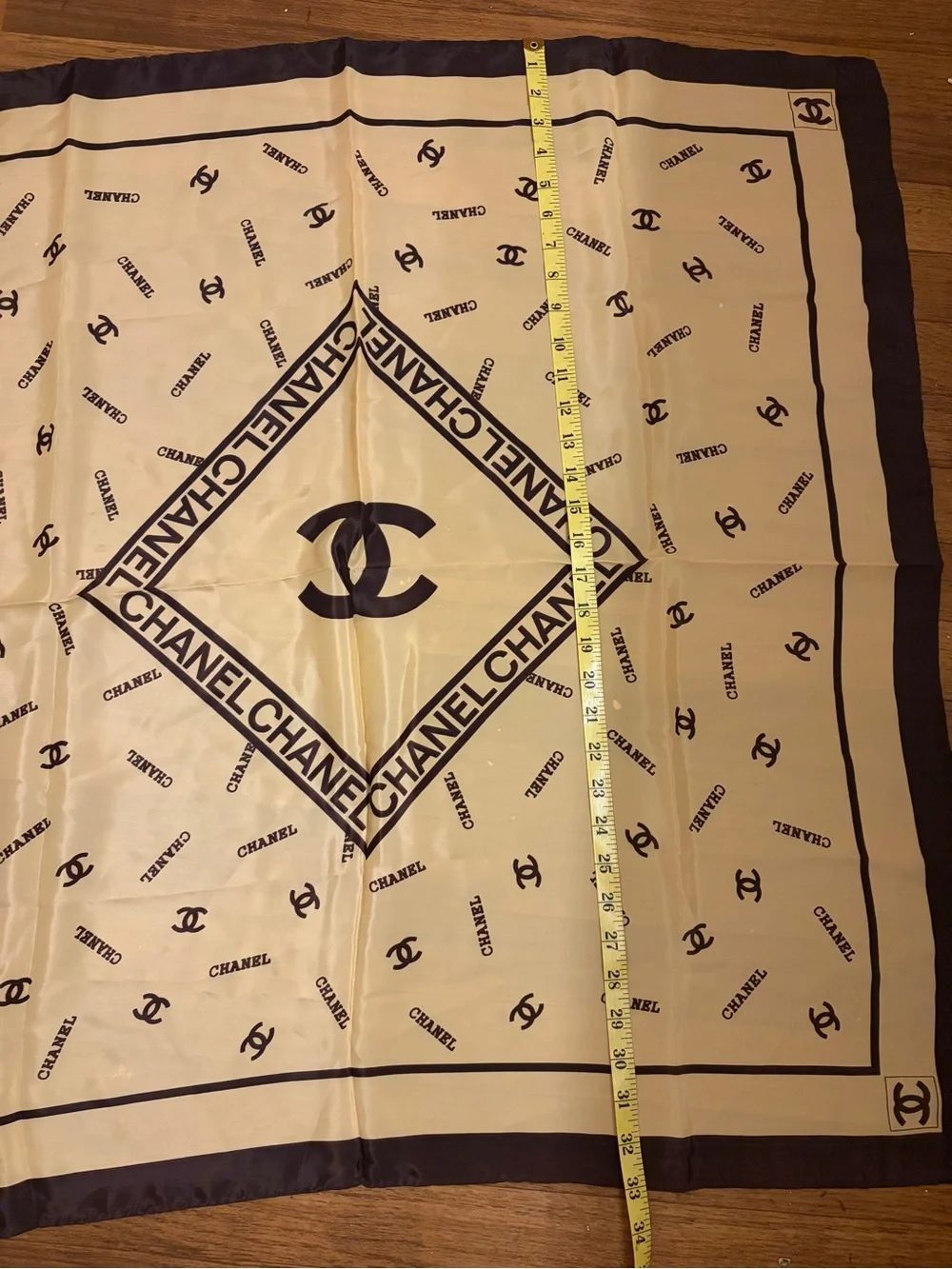 CHANEL Logo Print Scarf Beige Black Vintage Luxury Fashion Accessory